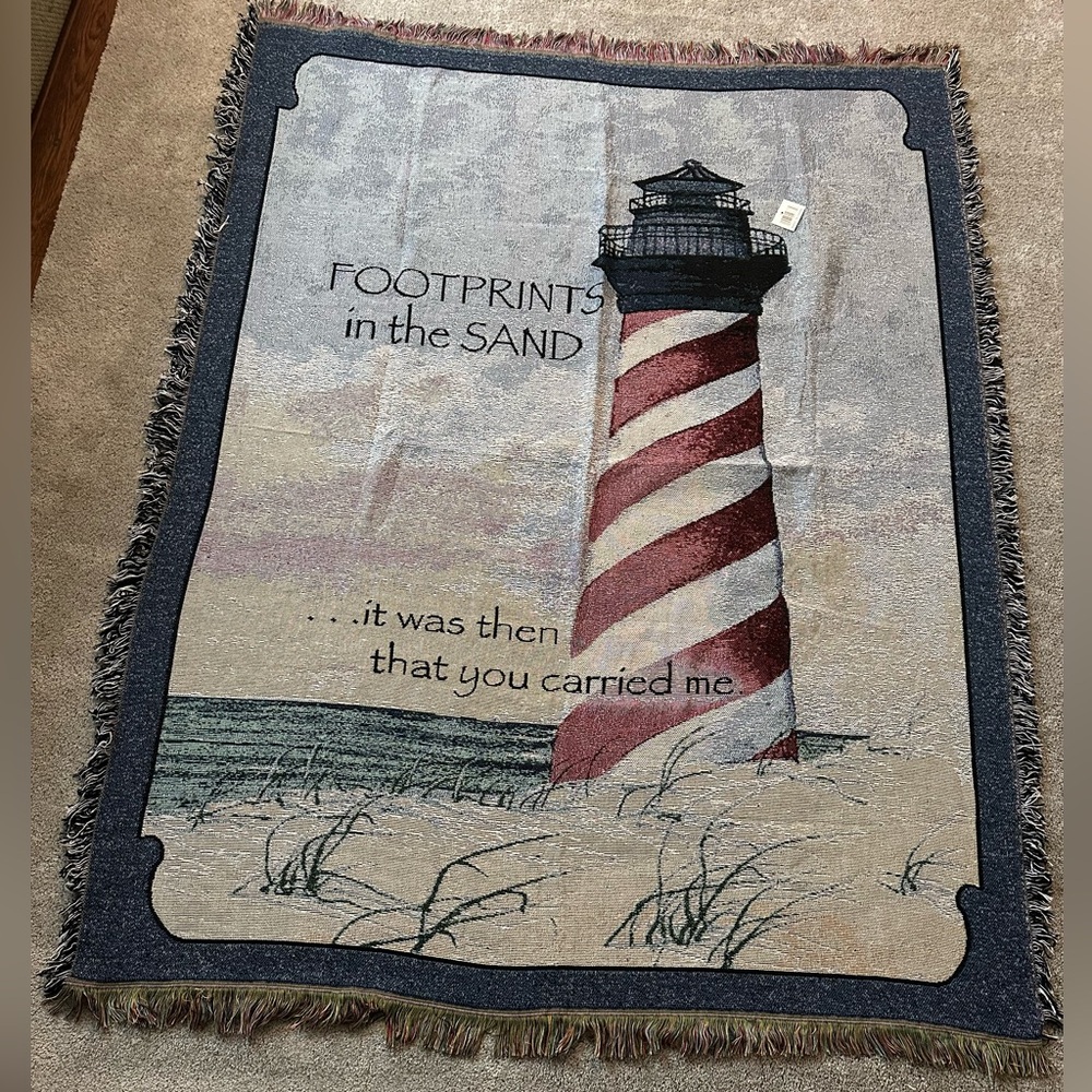 Footprints in the Sand Lighthouse Beach Tapestry Throw Blanket Caring Keepsakes.